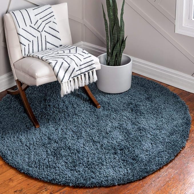 Unique Loom Davos Shag Collection Area Rug - Solid (6' 7" Round, Marine Blue)