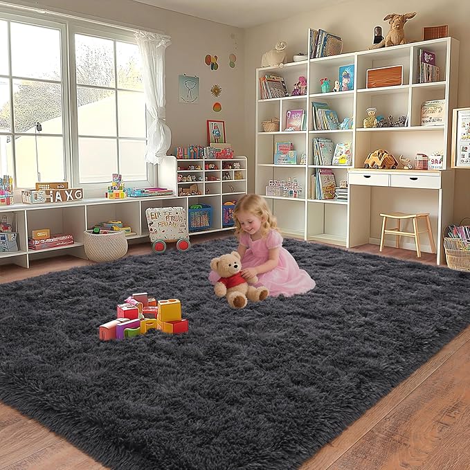 Upgrade Non-Slip Plush Rugs for Living Room, Soft Shaggy Carpets for Living Room, Fuzzy Rugs for Kids' Room, Perfect Decor for Modern Home Charcoal 5x7 Feet