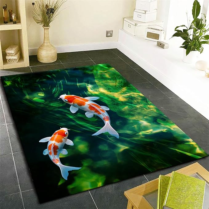 Green Pond Koi Fish Area Carpet, 3x4ft, 3D Realistic Underwater Koi Printed Carpets, Chinese Natural Landscape Soft Low Pile Rug, with Non Slip Backing Pet Friendly Rugs for Entryway