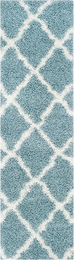 SAFAVIEH Dallas Shag Collection Runner Rug - 2'3" x 22', Seafoam & Ivory, Trellis Design, Non-Shedding & Easy Care, 1.5-inch Thick Ideal for High Traffic Areas in Living Room, Bedroom (SGD257C)