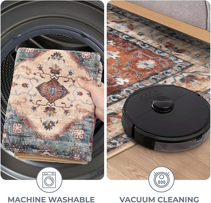 KOZYFLY Runners for Hallways 2.6x8 Ft Washable Kitchen Runner Rug Boho Runner Rug for Entryway Indoor Rust/Orange/Blue Printed Oriental Faux Wool Floor Carpet Runner for Bedroom Kitchen Hall