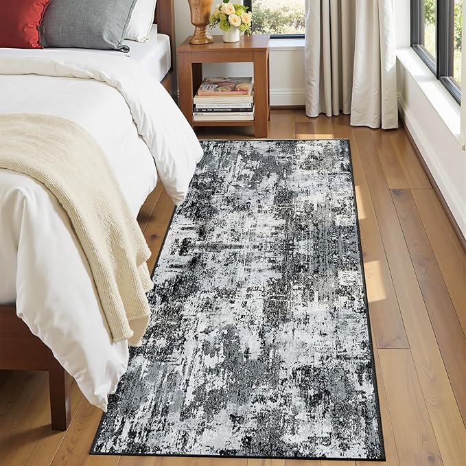 Washable Area Rugs 2'x8' Non-Slip Modern Abstract Soft for Living Room Entryway Bedroom Nursery, Print Pattern, Black Gray
