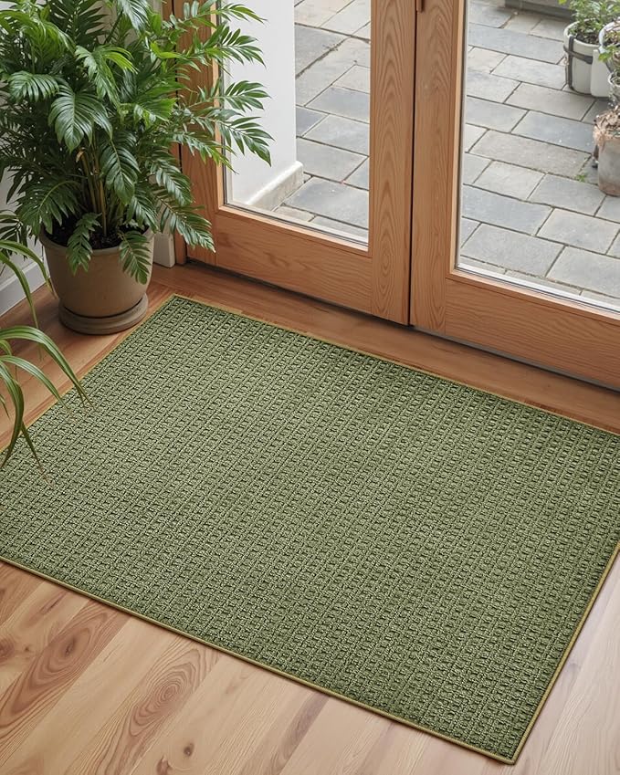 Color&Geometry Front Door Mat Indoor Non Slip Rubber Backing, 32"x48" Ultra Thin Entryway Doormat, Soft Absorbent Inside Doormat Washable Easy Clean Rugs for Entryway, Green (Rolled-up NO Creases)