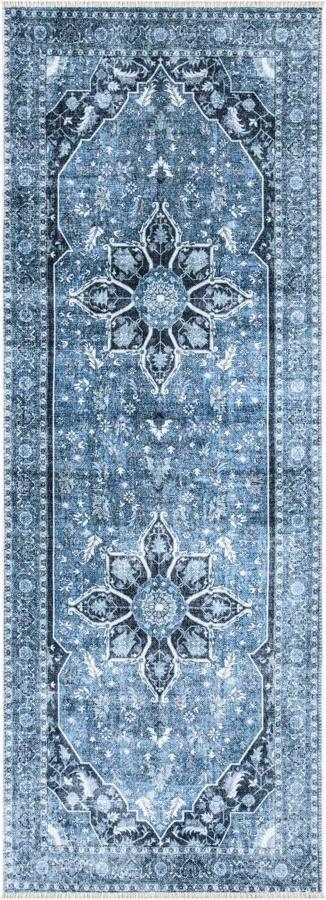 Bloom Rugs Caria Washable Non-Slip 12 ft Runner - Blue/Charcoal Traditional Runner for Entryway, Hallway, Bathroom, and Kitchen - Exact Size: 2'6" x 12'
