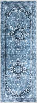Bloom Rugs Caria Washable Non-Slip 12 ft Runner - Blue/Charcoal Traditional Runner for Entryway, Hallway, Bathroom, and Kitchen - Exact Size: 2'6" x 12'