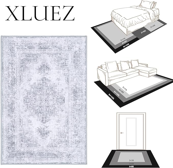 Area Rug 5x7 Living Room Rug, Machine Washable Vintage Distressed Medallion Rug Non-Slip Soft Low Pile Large Indoor Rugs for Bedroom Kitchen Dining Room Office(LightGrey,5'x7')