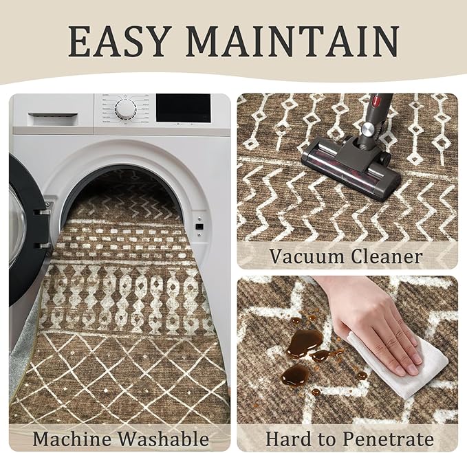 2x8 Machine Washable Runner Rug, Kitchen Hallway Area Rug, Brown Vintage Moroccan Rug Ultra Non-Slip Low Pile Soft Faux Wool Carpet, Kids and Pets Friendly for Bedroom Entryway Bedside Decor Rug