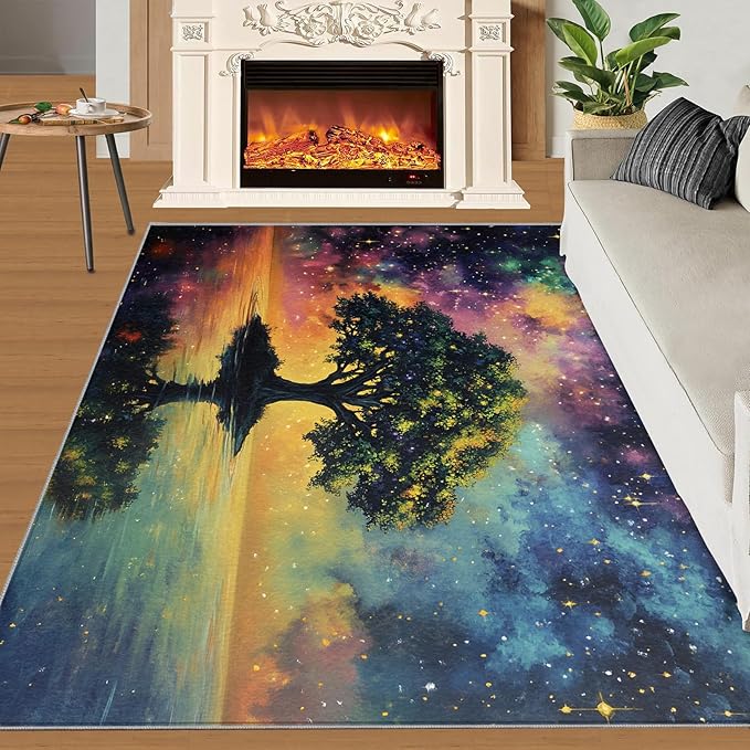 5x7 Tree of Life Rugs for Bedroom - Galaxy Tree Print Rug, Dreamlike Starry Sky Rug Non Slip Soft Rugs for Living Room Hardwood Floors Teen Room