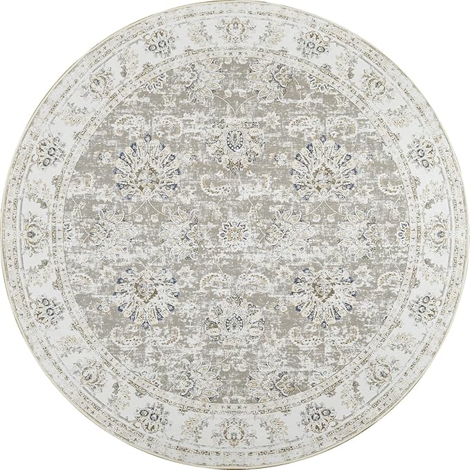 jinchan Round Rug 5ft Area Rugs Vintage Floral Distressed Design - Machine Washable Non-Slip Low-Pile Ultra-Thin Circle Rug for Entryway Bedside Living Room Dining Room Bedroom (5' Round,Taupe)
