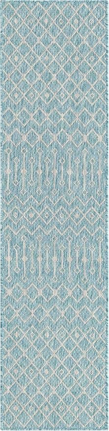 Unique Loom Outdoor Trellis Collection Area Rug - Tribal Trellis (2' x 8' Runner, Aqua/ Ivory)