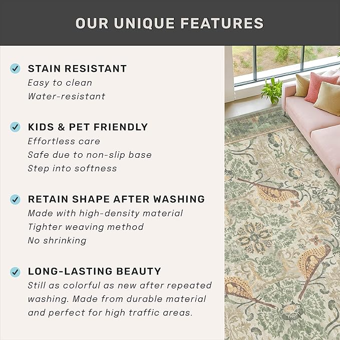Washable Area Rugs 5x8 for Bedroom - Western Plant Rugs for Living Room, Dinning Room, Home Office, Playroom with Boho Light Green Botanical & Bird Pattern, Non Slip Stain Resistant Low Pile