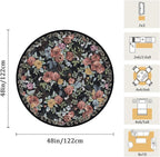 4ft Round Machine Washable Area Rug for Living Room, Black Vintage Boho Floral Rug Large Non-Slip Low Pile Soft Faux Wool Carpet, Kids and Pets Friendly for Bedroom Nursery Farmhouse Home Decor Rug