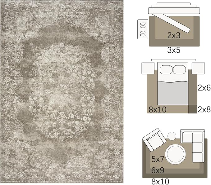jinchan Washable Area Rug 6x9 for Living Room - Soft Faux Wool Ultra-Thin Stain Resistant Non-Slip Distressed Vintage Floral Large Carpet for Bedroom, Dining Room, Home Office, Nursery(Brown, 6'x9')