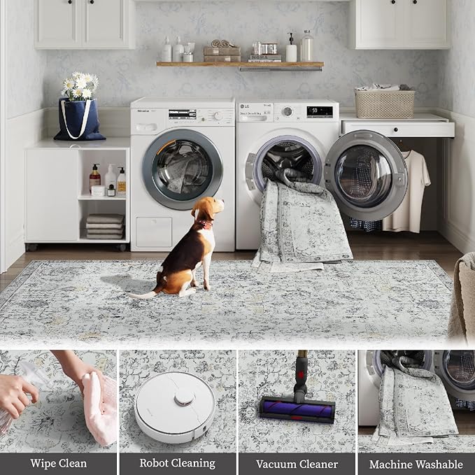 jinchan Kalen Runner Rug 2x6 Washable Area Rug Soft Vintage Hallway Indoor Floor Mat Thin Retro Distressed Carpet Grey Floral Country Non Slip Bathroom Kitchen Bedroom Living Room