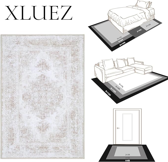Area Rug 10x14 Living Room Rug, Machine Washable Vintage Distressed Medallion Rug Non-Slip Soft Low Pile Large Indoor Rugs for Bedroom Kitchen Dining Room Office(Beige,10'x14')