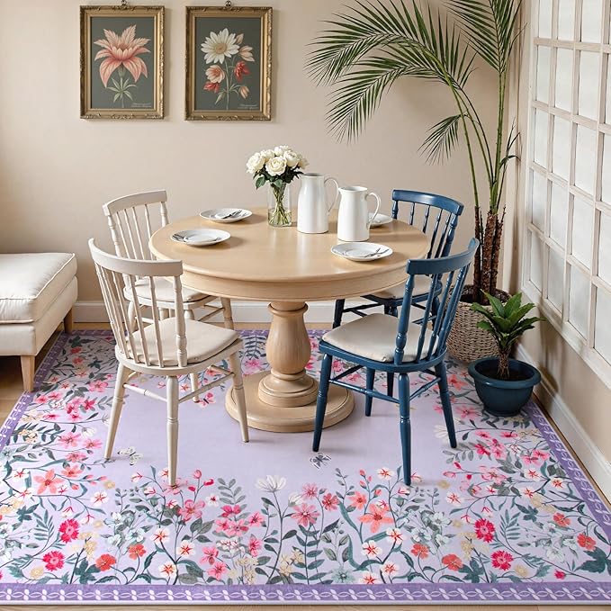 Wonnitar Washable Rug, 5x7 Purple Rugs for Living Room, Floral Print Non-Slip Pink Area Rugs for Bedroom Girls, Soft Large Throw Carpet for Kids Nursery Room (Purple,5'x7')