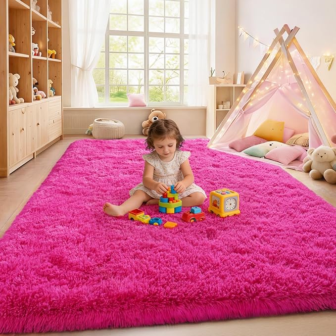 Fluffy Rugs for Living Room, Soft Shaggy for Bedrooms, Hot Pink Area Rug for Bedroom, Cozy Fuzzy Carpet for Kids, Perfect Indoor Decor for Boys and Girls 5x7 Feet