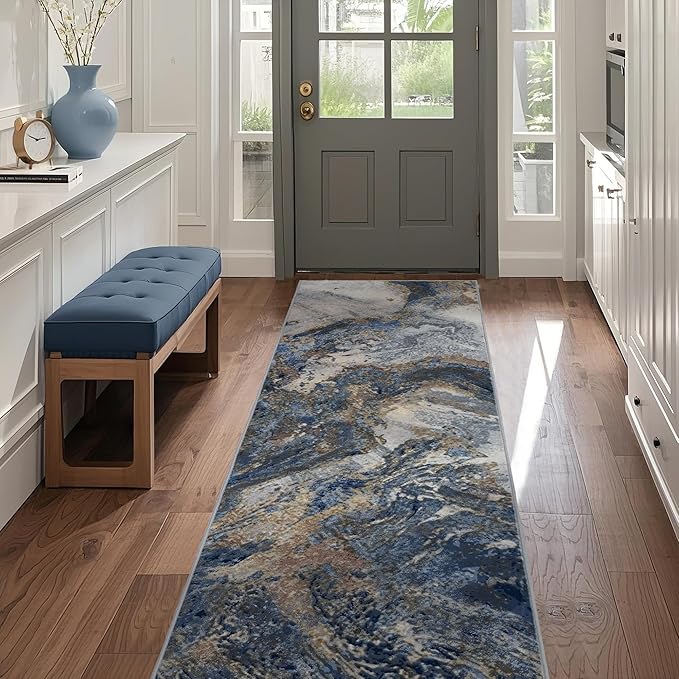 Abstract Washable Runner Rug: Modern 2x8 Hallway Runner for Kitchen Stain Resistant Non Slip - Thin Low Pile for Entryway Indoor - Blue Gold
