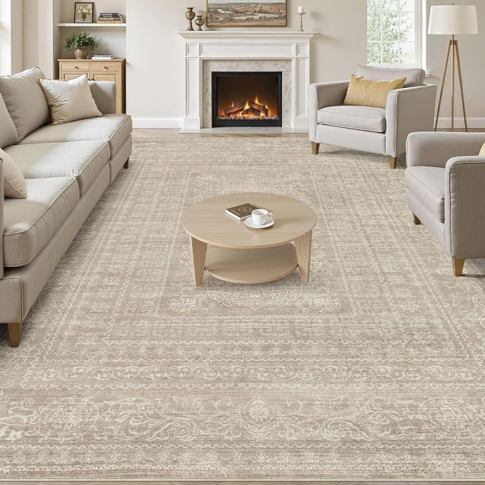 10x14 Area Rugs Living Room: Washable Large Vintage Rug Neutral Non-Slip Soft Stain Resistant Indoor Carpet for Bedroom Nursery Dining Room Under Table Bed Home House Office Playroom - Brown