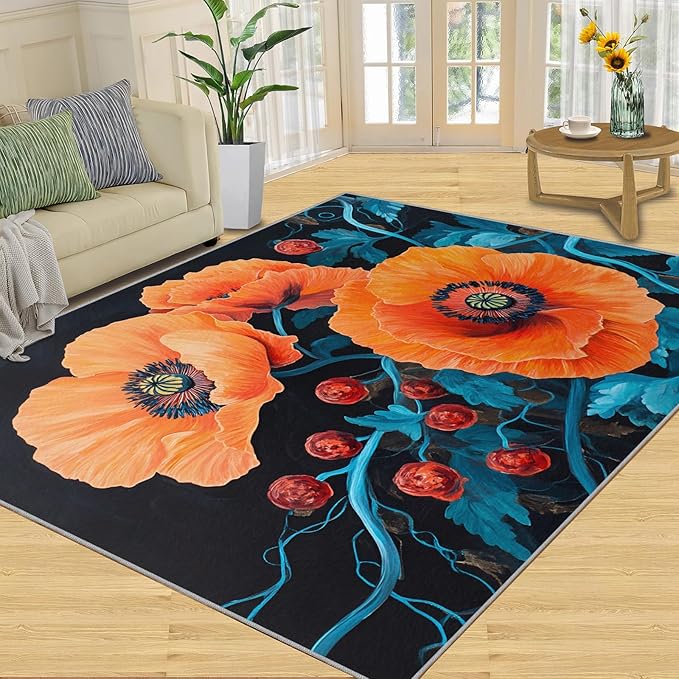3x4 Poppy Rugs for Entryway - Retro Flowers Art Kids Bedroom Rug, Rustic Florals Art Mudroom Rug Soft for Coffee Shop Living Room Under Table Game Room