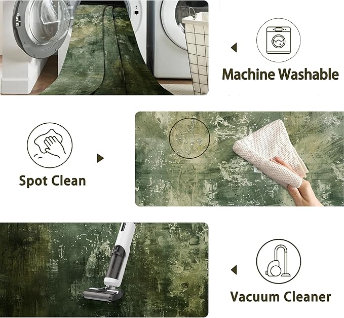 Green Vintage Distressed Carpet for Living Room, 3x5 Non-Slip Washable Low Pile Abstract Design Rug, Space Saving Area Rug for Bedroom, Dining Room