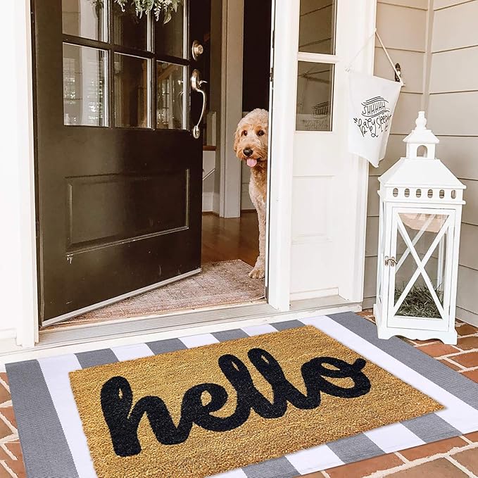 KOZYFLY Striped Outdoor Rug 27.5x43 Inches Front Door Rug Gray and White Hand Woven Cotton Washable Outdoor Doormats Outdoor Entrance Mat for Front Door Kitchen Entryway Patio Front Porch Decor