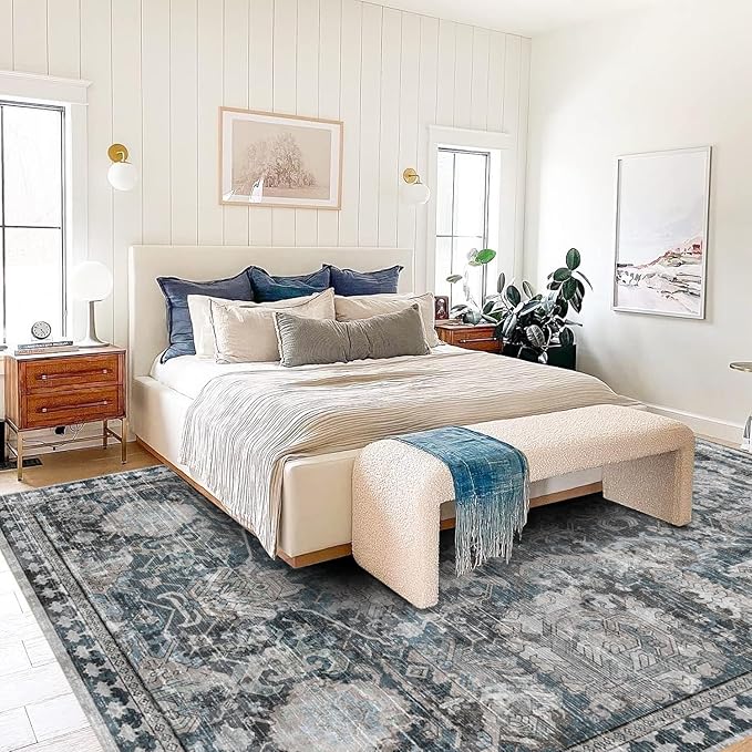 RUGSURE Washable Area Rugs - Perfect for Living Room, Bedroom, Kids Room, Nursery - Stain & Water Resistant Non-Slip, Pet & Child Friendly, Vintage Tribal Area Rugs (Grey and Blue, 4' x 6')