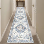 Enkor Runner Rug for Hallway, 2x10 Washable Soft Non Slip Floor Rugs for Kitchen, Modern Mat for Living Room Bedroom Entryway Blue & White