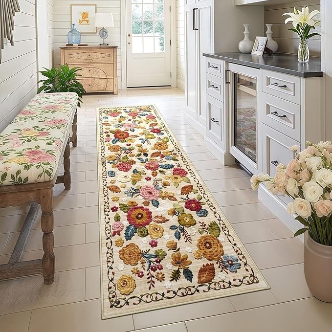 2x6 Machine Washable Runner Rug, Kitchen Hallway Area Rug Beige Vintage Boho Floral Ultra Non-Slip Low Pile Soft Faux Wool Carpet, Kids and Pets Friendly for Bedroom Entryway Nursery Home Decor Rug