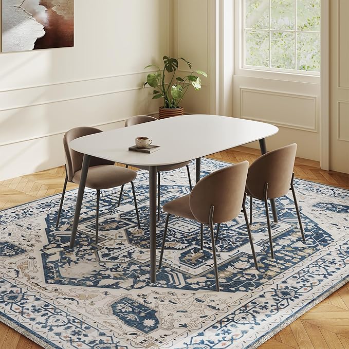 EnHomee 8x10 Area Rugs Washable for Bedroom, Boho Vintage Rugs, Foldable Area Rug for Dining Room, Non-Slip Soft Living Room Rug, Low Pile Large Carpet for Bathroom, Blue and White