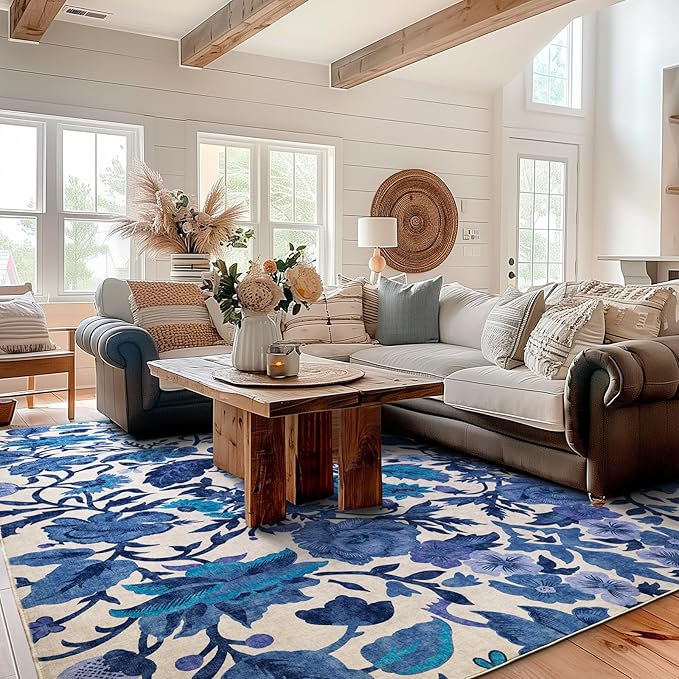 EVERGRACE Area Rugs for Living Room 9x12, Boho Floral Faux Wool Indoor Outdoor Rugs, Washable Rugs for Bedroom Dining Room Entryway Kitchen, Low Pile Floor Mat Carpet for Home Decor, Celtic Blue