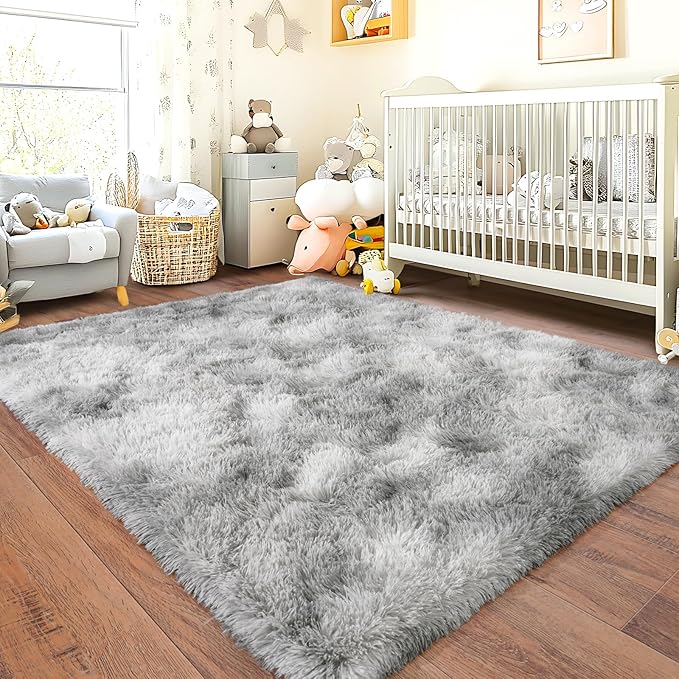 Large Soft Fluffy Rugs for Bedroom, Anti-Skid Indoor Carpet Nursery Rugs for Kids Room Home Decor, Fuzzy Rug Tie-Dyed Light Grey 9x12 Feet
