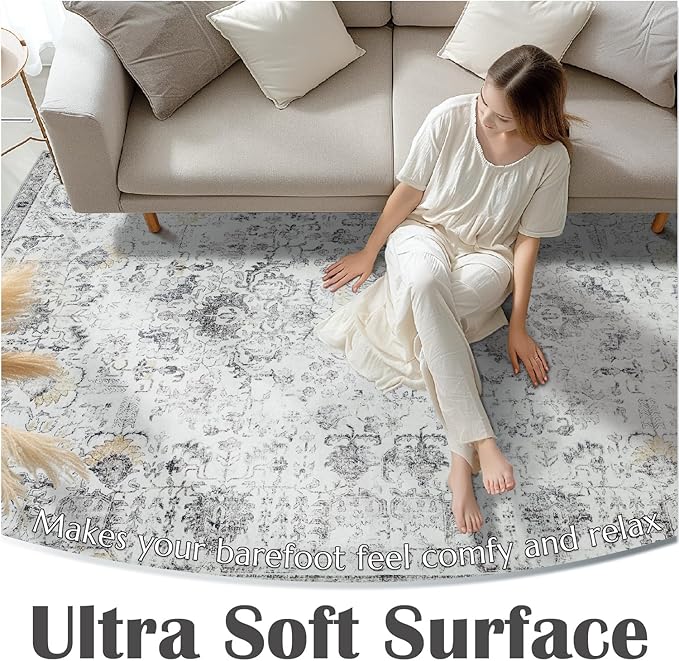 jinchan Kalen Area Rug 6x9 Washable Living Room Rug Soft Vintage Indoor Thin Retro Distressed Floor Cover Grey Floral Country Boho Rug Non Slip Carpet for Bedroom Office Dining Room