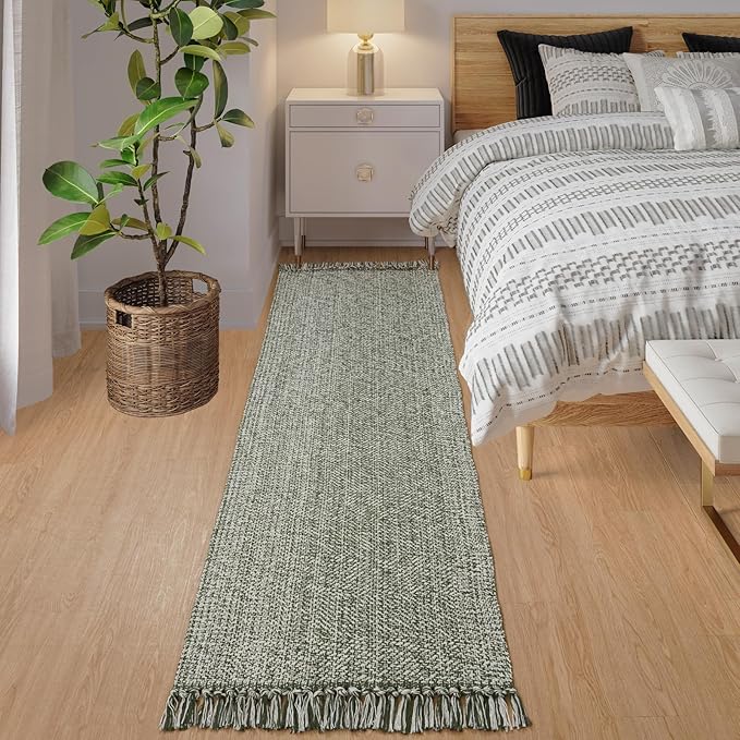 Collive Long Carpet Runners for Hallway 2x8ft, Washable Low Profile Front Entryway Rug Cotton Hand-Woven Kitchen Rug Runner, Olive Green/Cream Farmhouse Bedroom Rug for Laundry Room Entrance