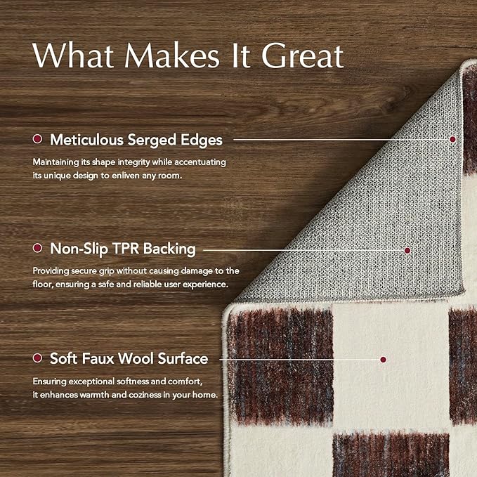 EVERGRACE Checkered Plaid Area Rug, 9x12, Soft Faux Wool, Washable, Anti Slip, Large Carpet for Entryway, Bedroom, Living Room, Hallway, Kitchen, Dining Room, Dark Brown