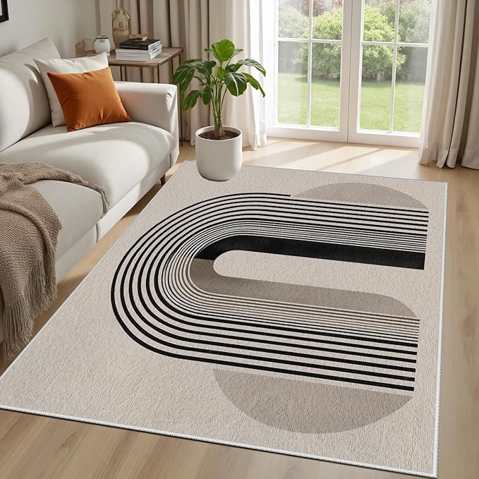 Modern Washable Rug for Living Room 5x7, Boho Abstract Striped Area Rugs, Soft Non Slip Low Pile Farmhouse Carpet for Bedroom Dining Room Kitchen, Stain Resistant, Pet Friendly, Beige Black