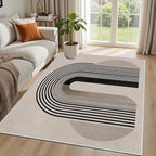 Modern Washable Rug for Living Room 5x7, Boho Abstract Striped Area Rugs, Soft Non Slip Low Pile Farmhouse Carpet for Bedroom Dining Room Kitchen, Stain Resistant, Pet Friendly, Beige Black