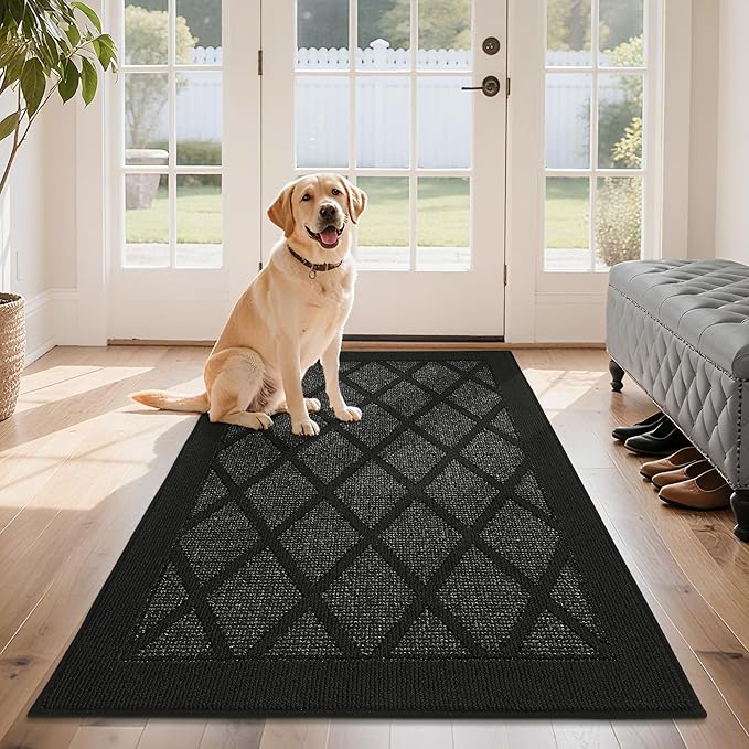 COSY HOMEER Non-Slip Door Mat 36"x60", Entryway Rugs Low Profile Absorbent Dirt Trapper Doormat for Front Entrance, Washable Polypropylene Entry Mat (Black)