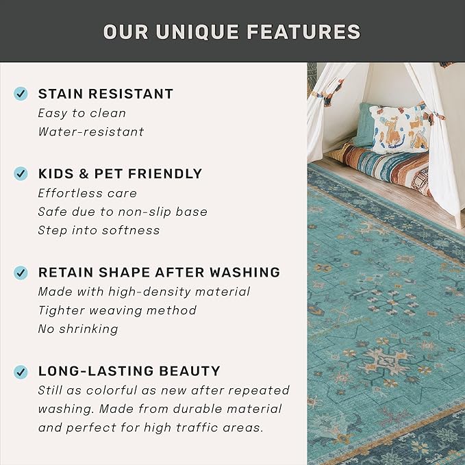 Boho 2x8 Non Slip Kitchen Runner Rugs -Machine Washable Non Skid Vintage Carpet for Hallway, Entryway, Non Slip with Rubber Backing, Floral Aqua Blue Unique Runner Décor (Teal)