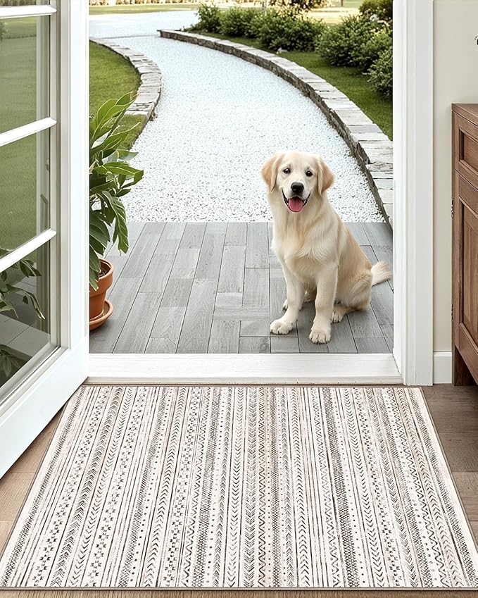 LUMI Ultra Thin Door Mat, 24x36 Non Slip Indoor Doormat Entrance Washable Rugs Entryway Oriental Vintage Soft Carpet for Kitchen Bedroom Front Door, White and Brown