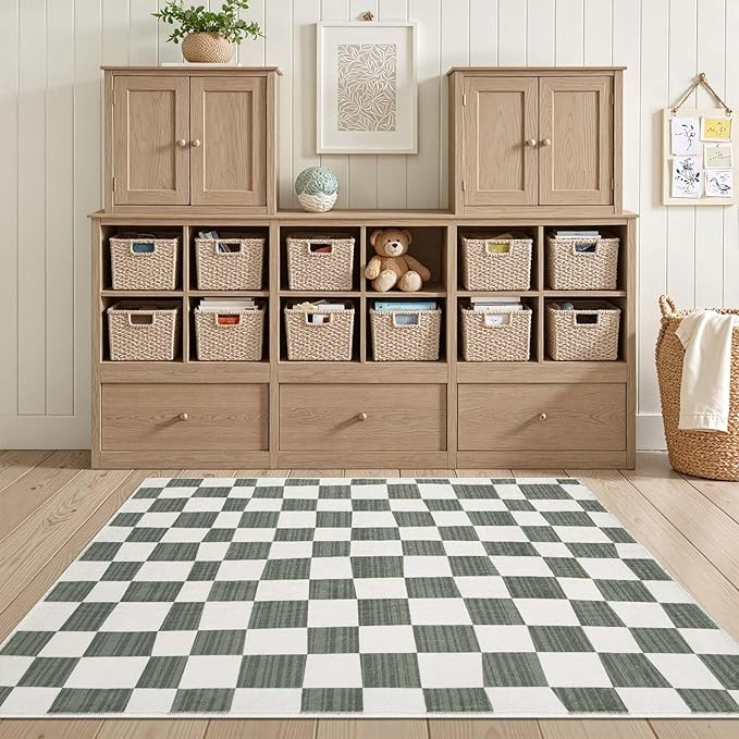 jinchan 3x5 Checkered Area Rugs for Kids Room - Machine Washable Soft Rug Modern Geometric Lattice Non-Slip Carpet for Nursery Playroom Bedroom Entryway Living Room Dining Room Home Office Grey