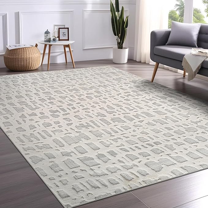Beverly Rug Micro Loop Area Rug Gray/White 8x10 Abstract Modern Luxury Irregular Grid Durable Soft Indoor Rugs for Living Dining Room Office Stain Resistant Non Shedding Casual Indoor Carpet 8 x 10