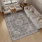 6x9 Washable Vintage Area Rug Black Grey Living Room Bedroom Carpet Non-Slip Soft Low Pile Distressed Indoor Throw Rug for Dining Room Entryway Office