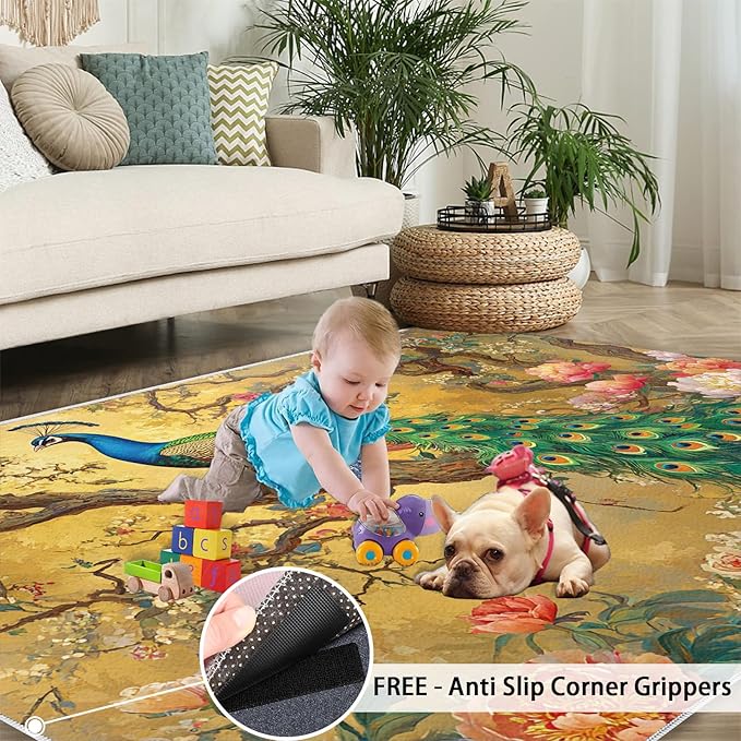 Peacock Peony Rugs for Bedroom - 5x7 Rug, Classic Peacock Peony Area Rugs for Living Room, Oriental Carpet, Floral Plant Washable Area Mat, Aesthetics Carpet - Peafowl Home Decor & Gifts