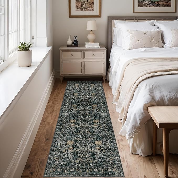 Washable Runner Rug 2x6: Vintage Boho Floral Carpet Runners for Hallway Entryway Non-Slip - Soft Botanical Low Pile Thin Mat for Kitchen Bathroom Bedroom Laundry Floor Decor - Dark Green