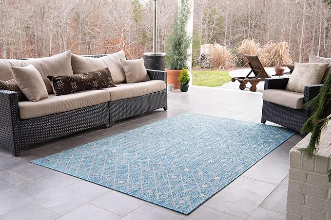 Unique Loom Outdoor Trellis Collection Area Rug - Tribal Trellis (8' x 8' Rectangle, Aqua/ Ivory)