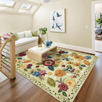 5x8 Machine Washable Area Rug for Living Room, Green Vintage Boho Floral Rug Large Non-Slip Low Pile Soft Faux Wool Carpet, Kids and Pets Friendly for Bedroom Dining Room Farmhouse Home Decor Rug