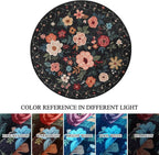 DUKINO Floral Round Rug, 4ft Washable Round Area Rug, Non Slip Indoor Low Pile Circle Rug, Soft Small Boho Design Circle Rug for Bedroom, Entryway, Living Room, Dining Room,Black