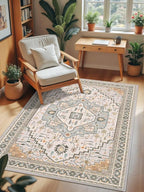 3x5 Grey Beige Area Rug for Living Room, Machine Washable Rugs with Non-Slip Backing for Bedroom, Vintage Medallion Carpet Kitchen Laundry Kids Room Decor
