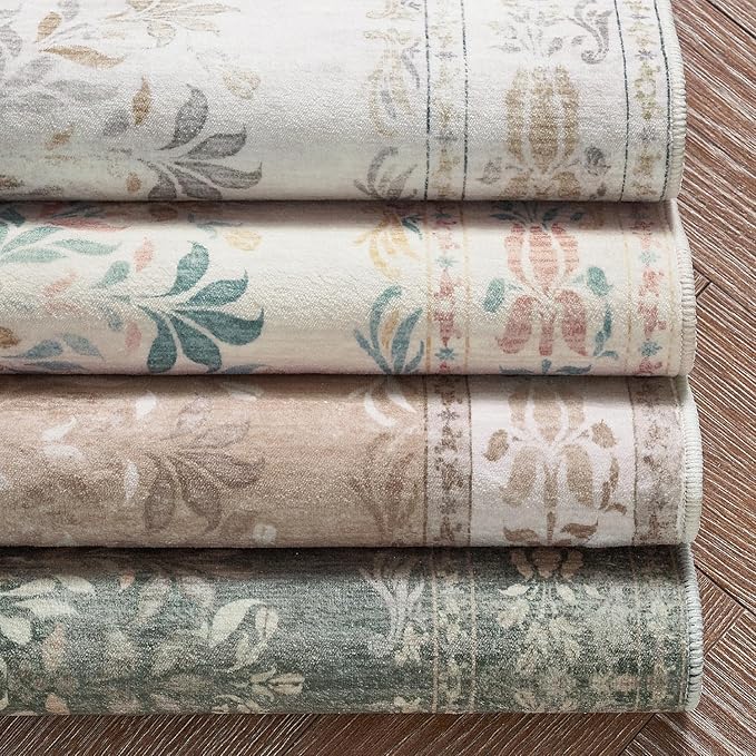 jinchan Vintage Floral Runner Rug 2x5 - Machine Washable Distressed Design Non-Slip Low-Pile Soft Thin Carpet for Hallway Kitchen Farmhouse Bedroom Entryway Laundry Room (2x5ft, Light Grey)